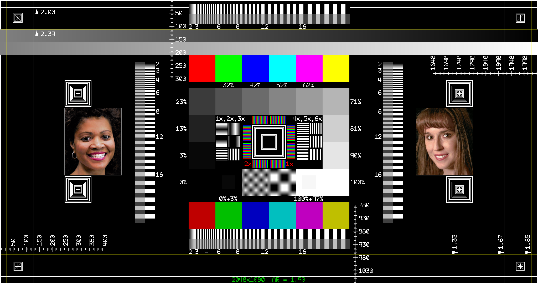 Test pattern that includes geometric dimensions, color chips,
          dimensional patterns, a grayscale gradient and full-color photographic images of two people's faces