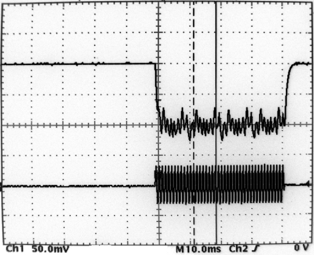 Oscilloscope screen displaying an upper trace that shows the light
            output of the Imaging Device and a lower trace that shows the analog center channel output of the Media Block after D/A
            conversion from the AES-EBU signal